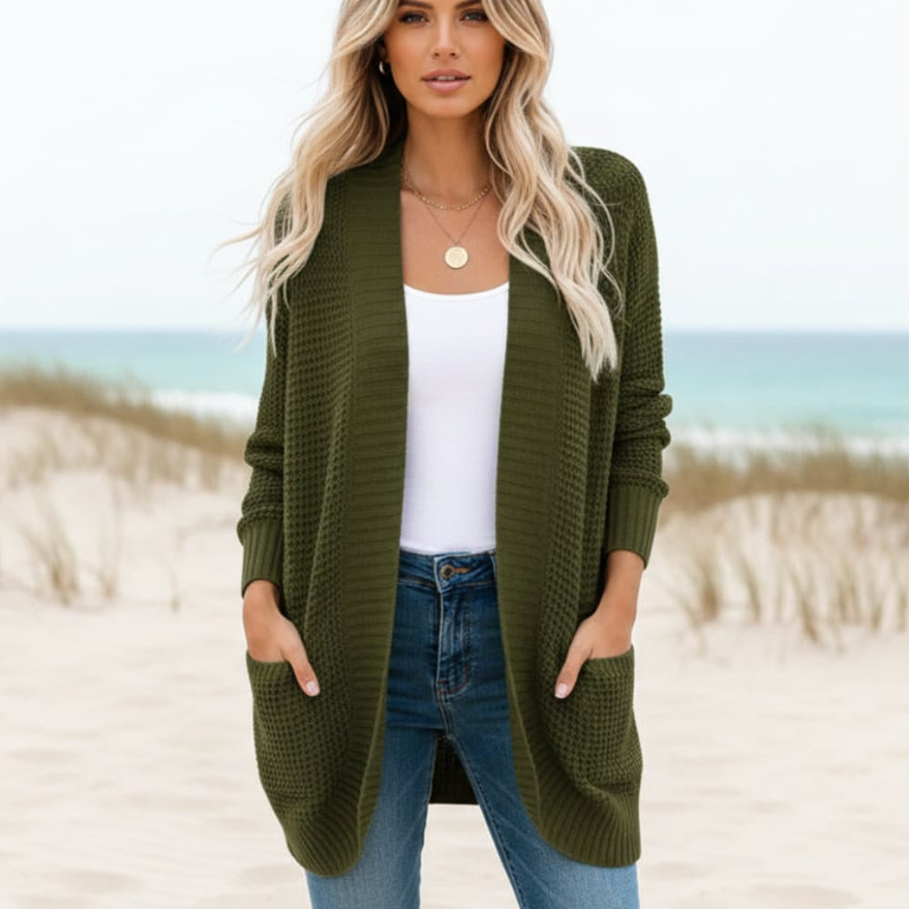Women's Long Open Front Cardigan With Side Pockets - Army Green