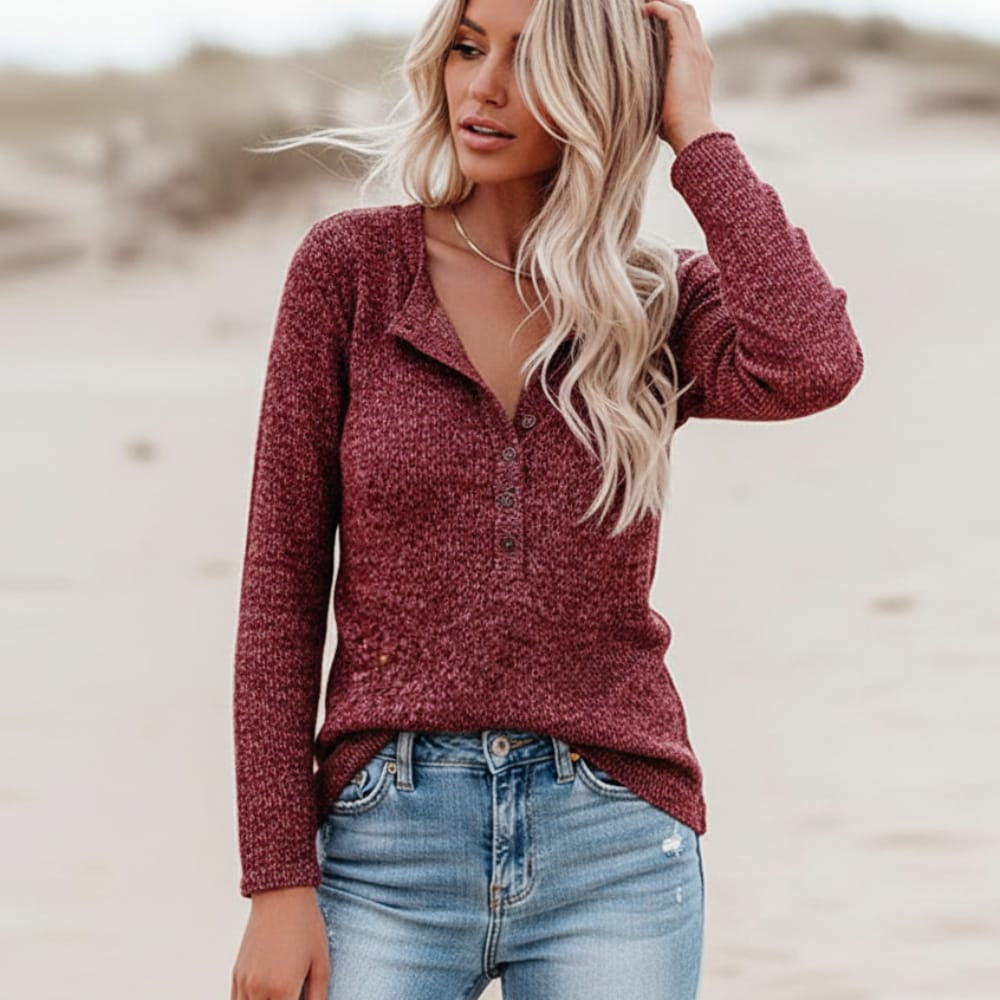 Women's Long Sleeve Henley Top With Button Placket - Burgundy