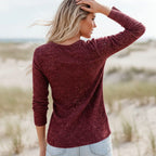 Women's Long Sleeve Henley Top With Button Placket - Burgundy