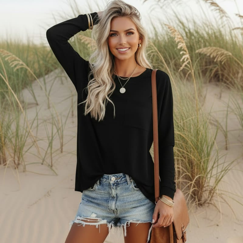 Women's Long Sleeve Top With Chest Pocket and Round Neck - Black