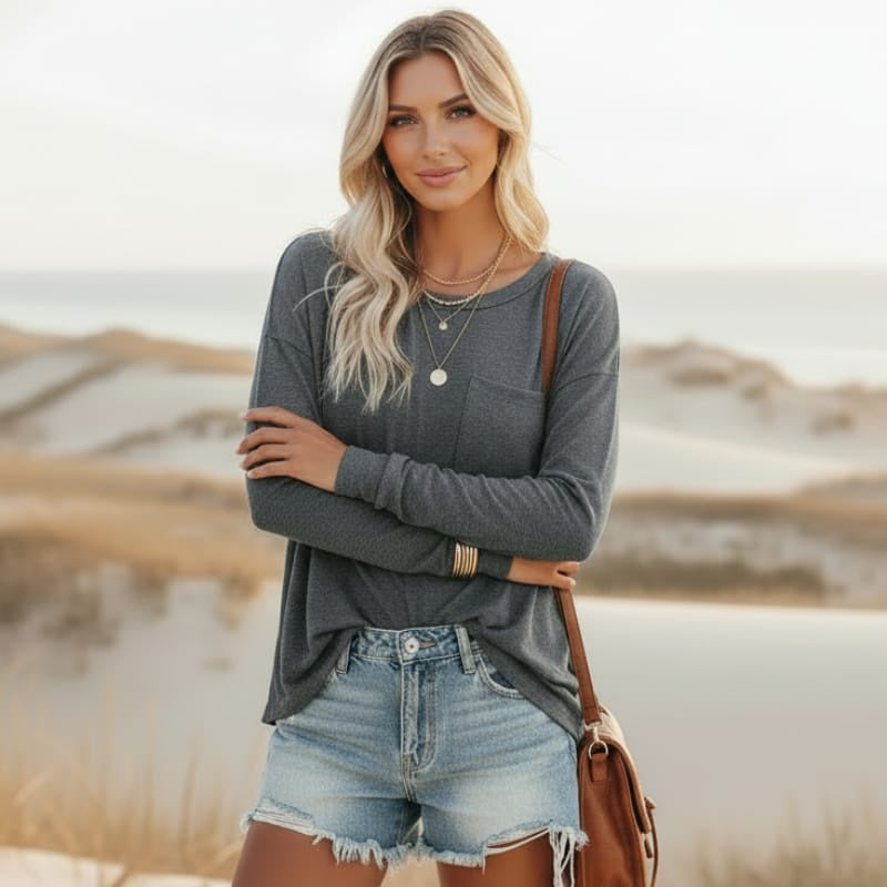 Women's Long Sleeve Top With Chest Pocket and Round Neck - Dark Gray