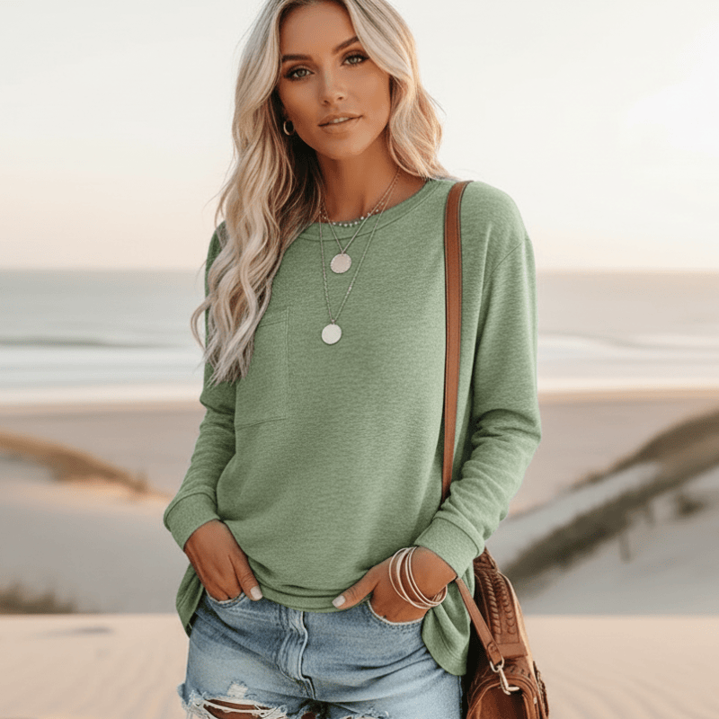 Women's Long Sleeve Top With Chest Pocket and Round Neck - Sage Green