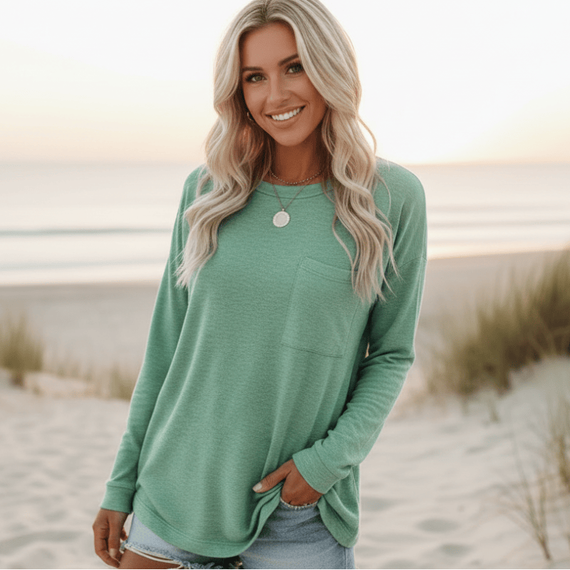 Women's Long Sleeve Top With Chest Pocket and Round Neck - Mint Green