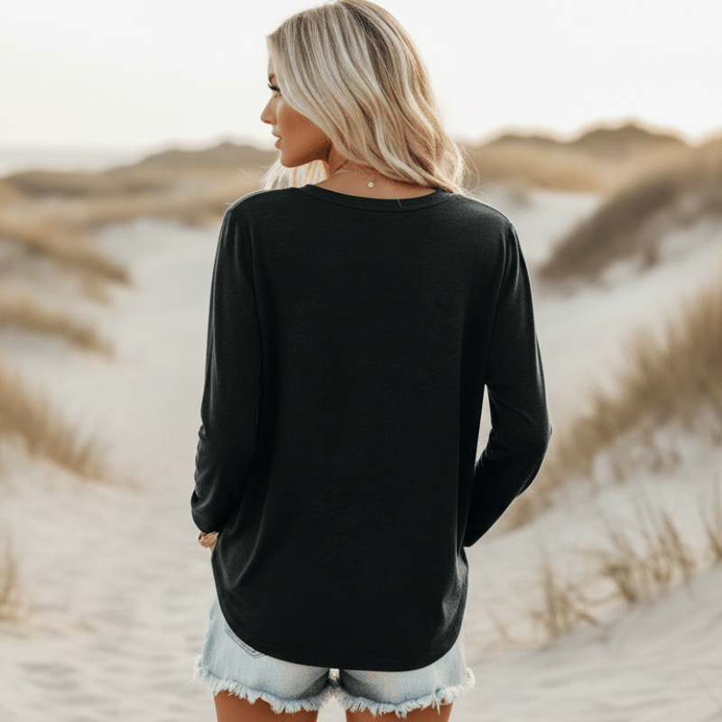 Women's Long Sleeve Top With Chest Pocket and Round Neck - Black
