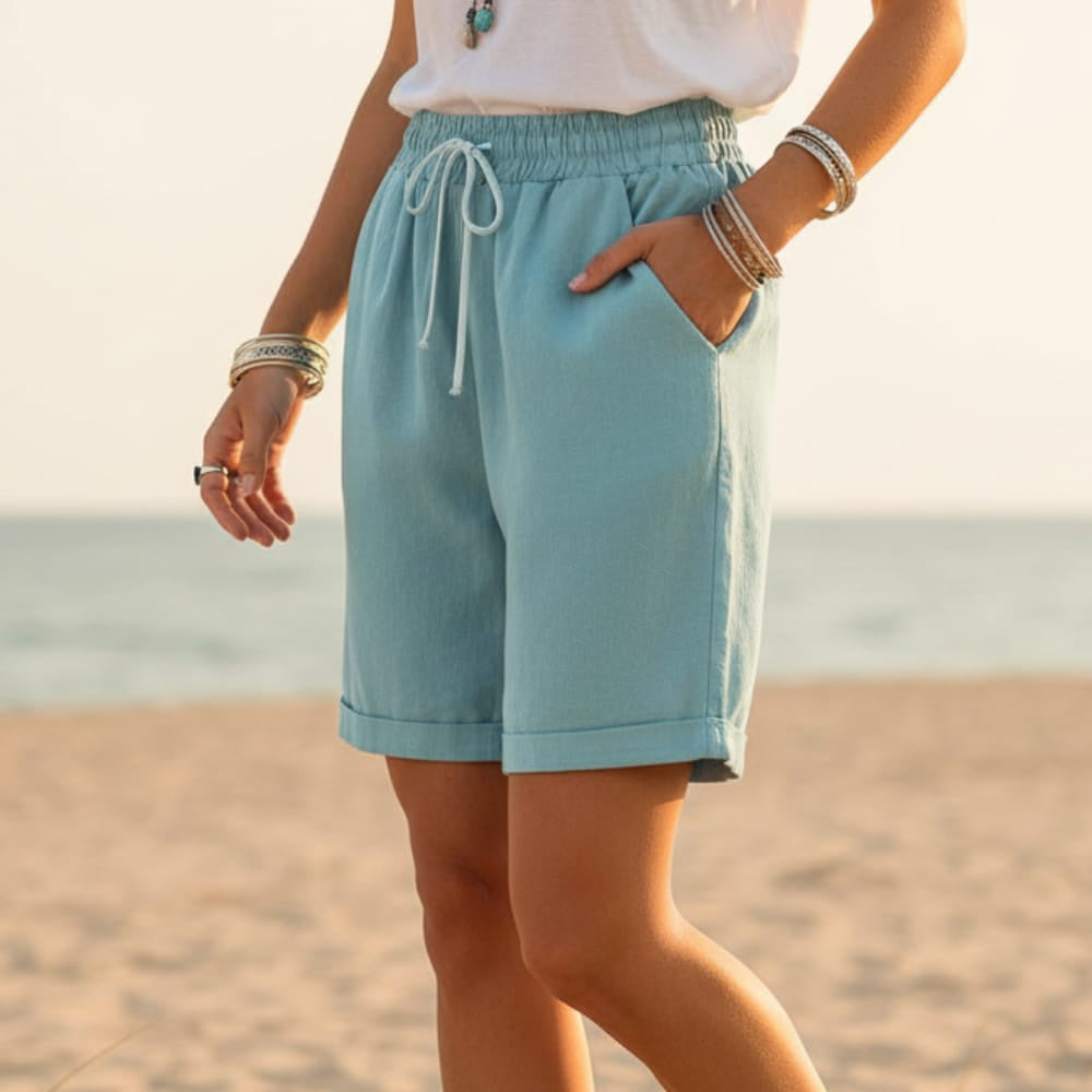 Women's Longer Beach Shorts With Drawstring Waistband - Sky Blue