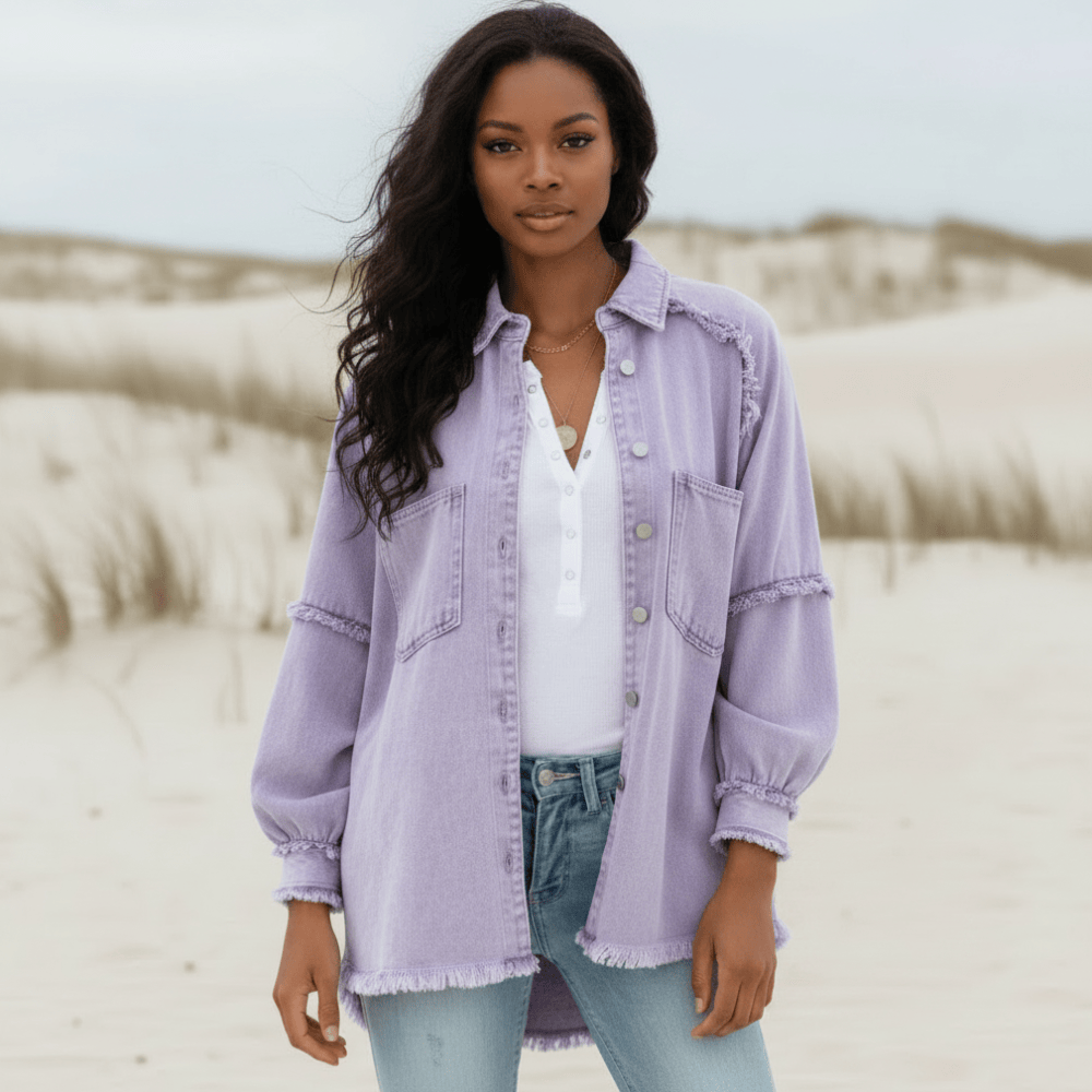 Women's Loose Fit Denim Jacket With Chest Pockets - Purple