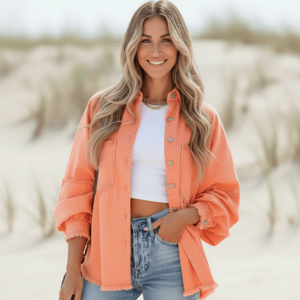 Women's Loose Fit Denim Jacket With Chest Pockets - Orange