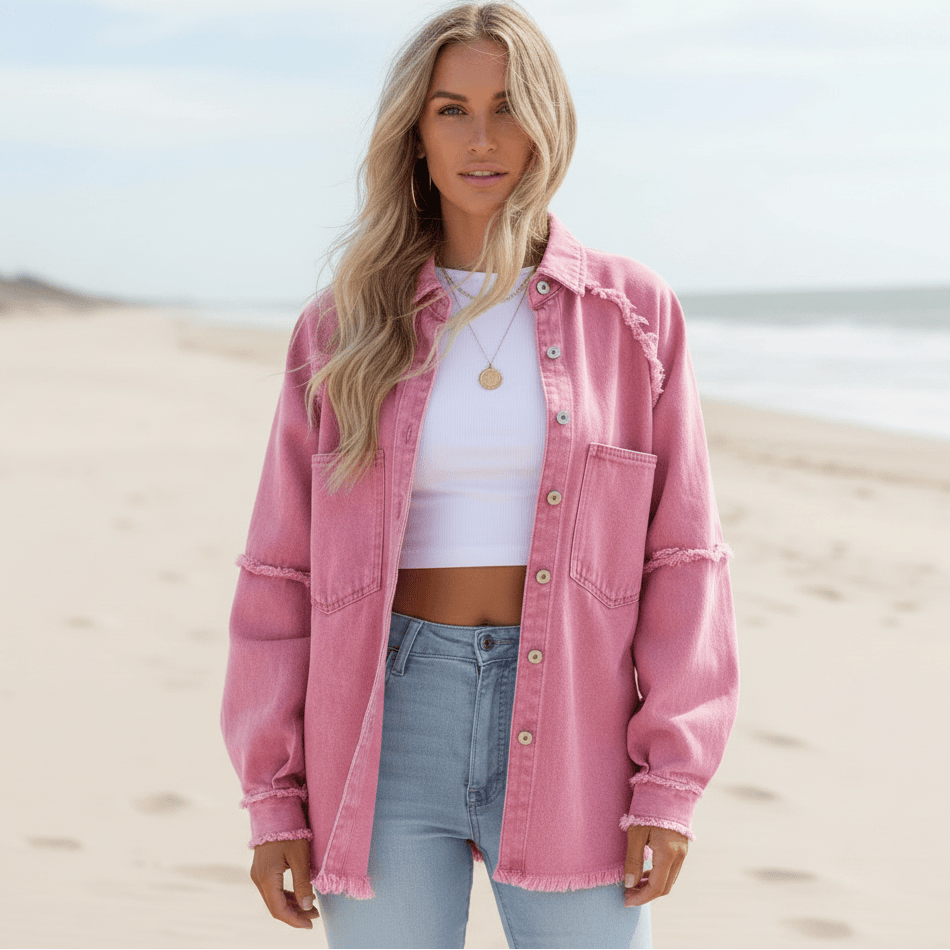 Women's Loose Fit Denim Jacket With Chest Pockets - Pink