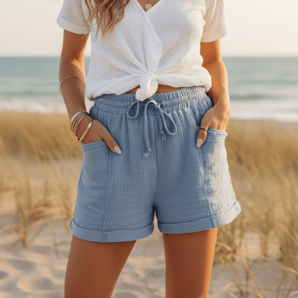 Women's Mid-Rise Beach Shorts With Drawstring Tie - Blue