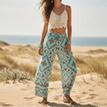 Women's Mosaic Print Wide-Leg Trousers With Tie Waist - Turquoise