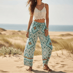 Women's Mosaic Print Wide-Leg Trousers With Tie Waist - Turquoise