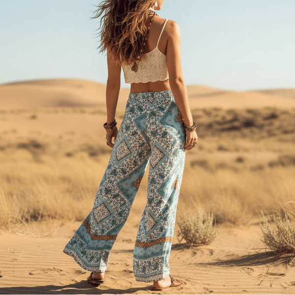 Women's Mosaic Print Wide-Leg Trousers With Tie Waist - Turquoise