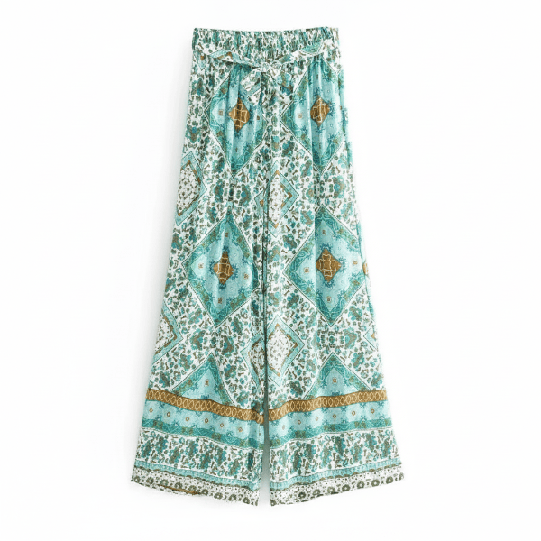 Women's Mosaic Print Wide-Leg Trousers With Tie Waist - Turquoise