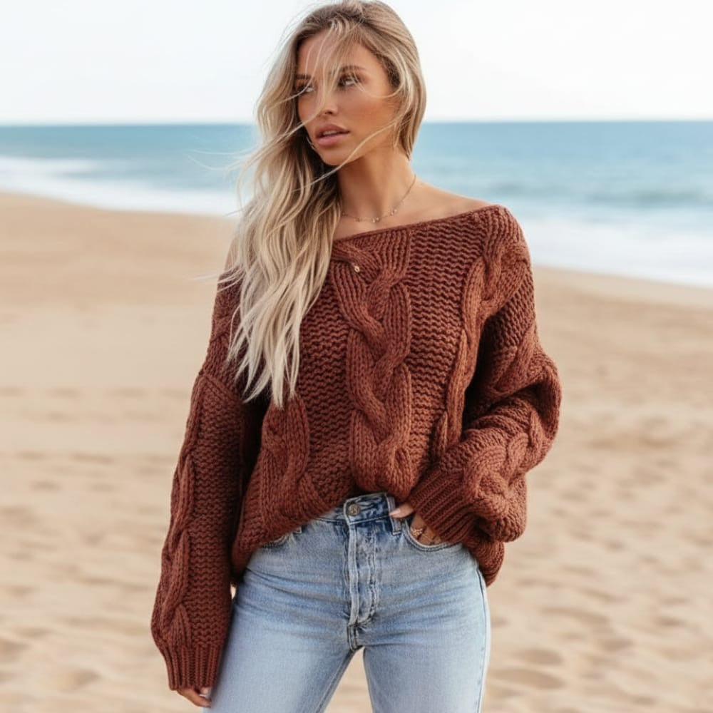 Women's Off Shoulder Cable Knit Sweater With Wide Neck - Rust Red
