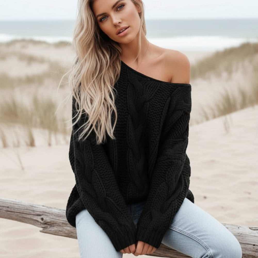 Women's Off Shoulder Cable Knit Sweater With Wide Neck - Black