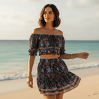 Women's Off-Shoulder Crop Top and Mini Skirt Set - Navy Blue
