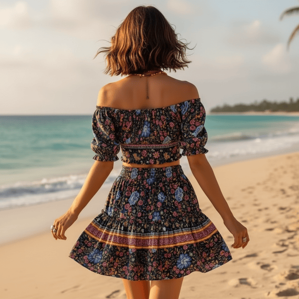 Women's Off-Shoulder Crop Top and Mini Skirt Set - Navy Blue