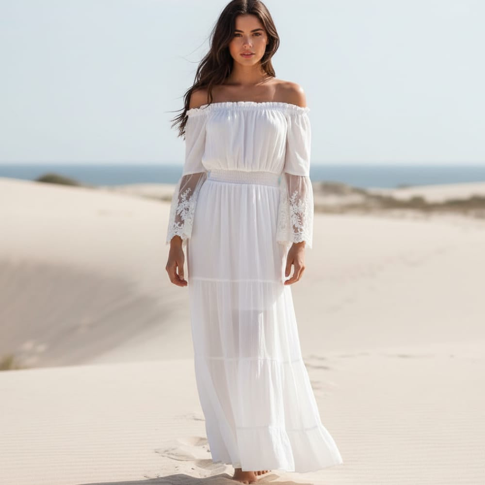 Women's Off Shoulder Lace Maxi Dress With Long Sleeves - White