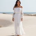 Women's Off Shoulder Lace Maxi Dress With Long Sleeves - White
