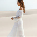 Women's Off Shoulder Lace Maxi Dress With Long Sleeves - White