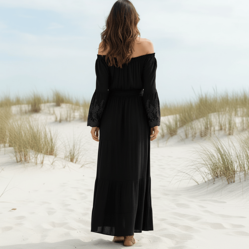 Women's Off Shoulder Lace Maxi Dress With Long Sleeves - White