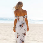 Women's Off Shoulder Maxi Dress With Square Neckline - White