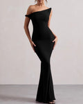 Women's One-Shoulder Long Dress With a Flared Hem - Black