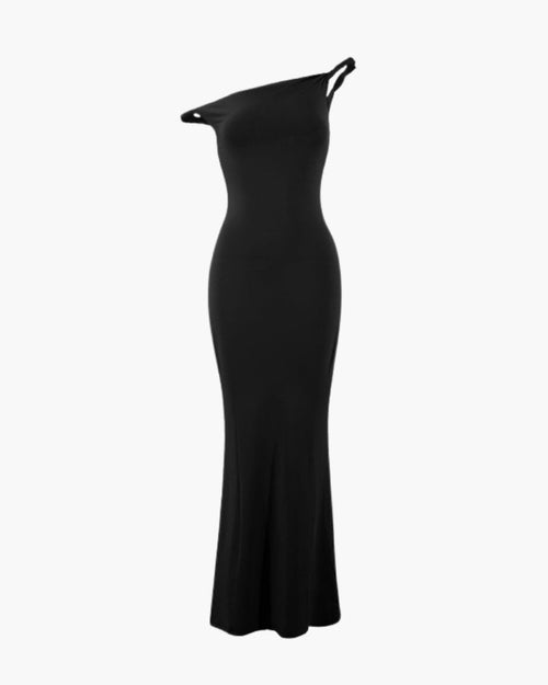 Women's One-Shoulder Long Dress With a Flared Hem - Black