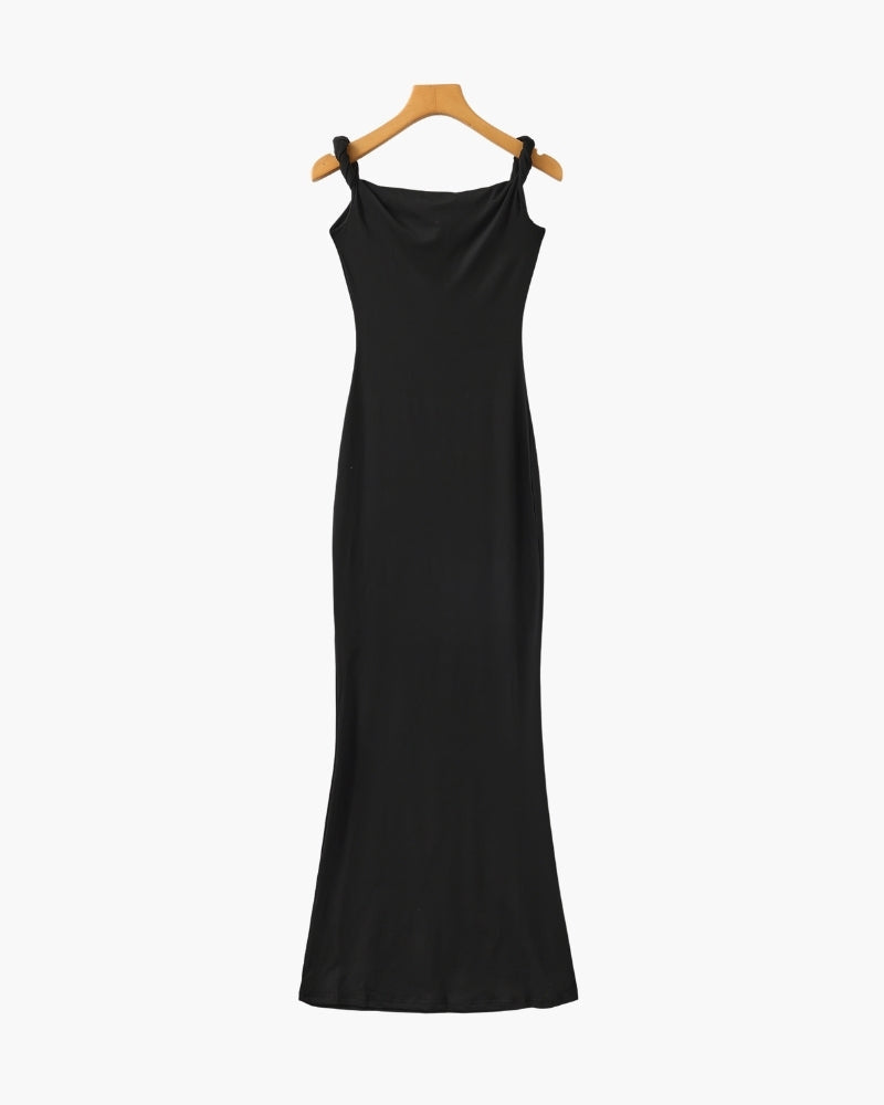 Women's One-Shoulder Long Dress With a Flared Hem - Black