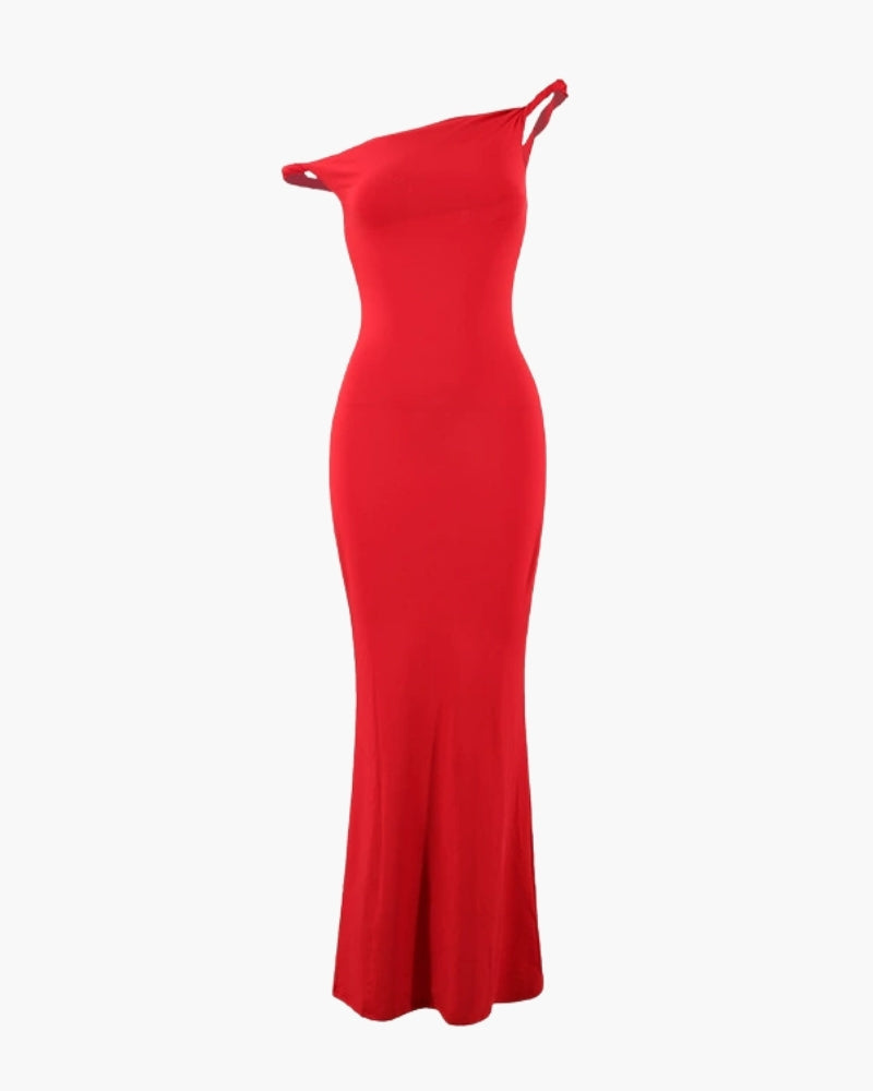 Women's One-Shoulder Long Dress With a Flared Hem - Red