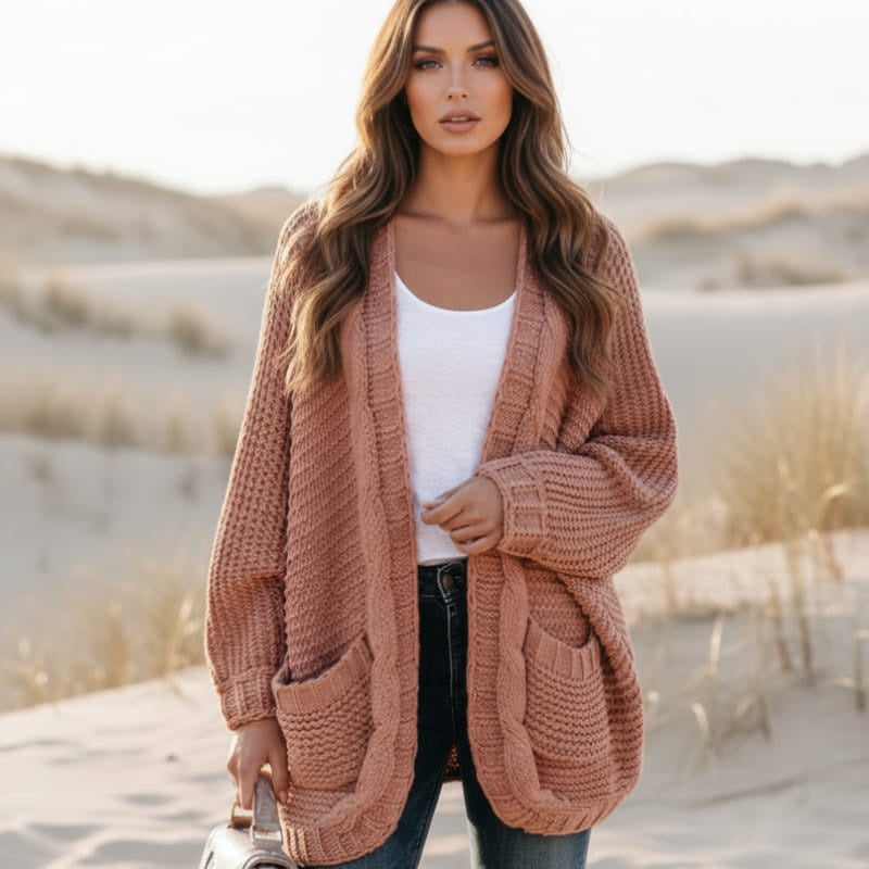 Women's Oversized Open Front Cardigan With Patch Pockets - Dusty Rose