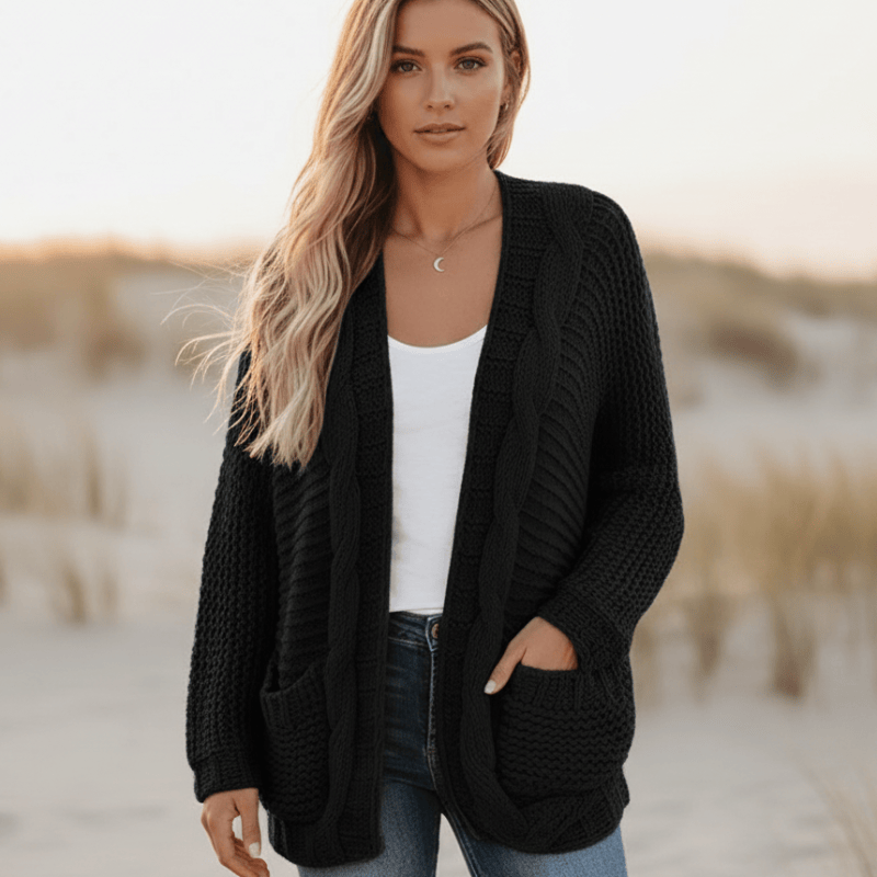 Women's Oversized Open Front Cardigan With Patch Pockets - Black