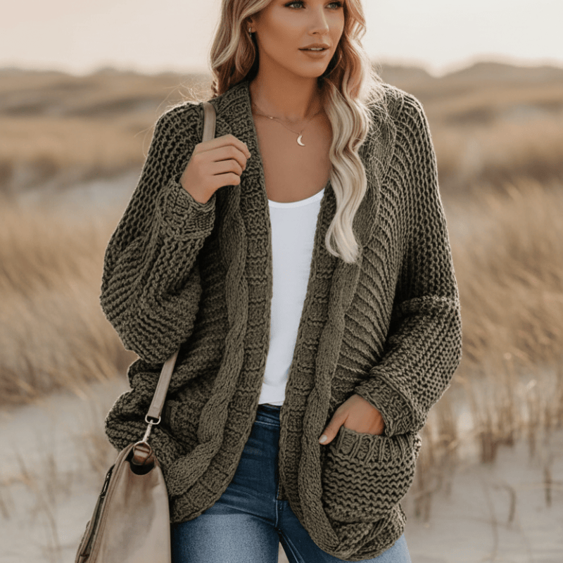 Women's Oversized Open Front Cardigan With Patch Pockets - Army Green