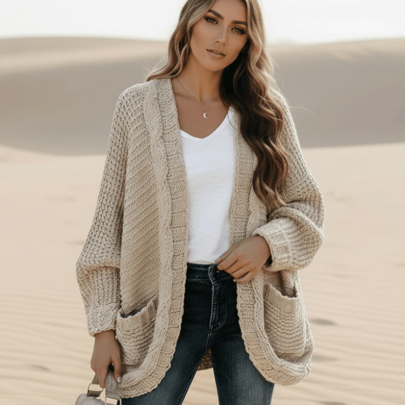 Women's Oversized Open Front Cardigan With Patch Pockets - Khaki