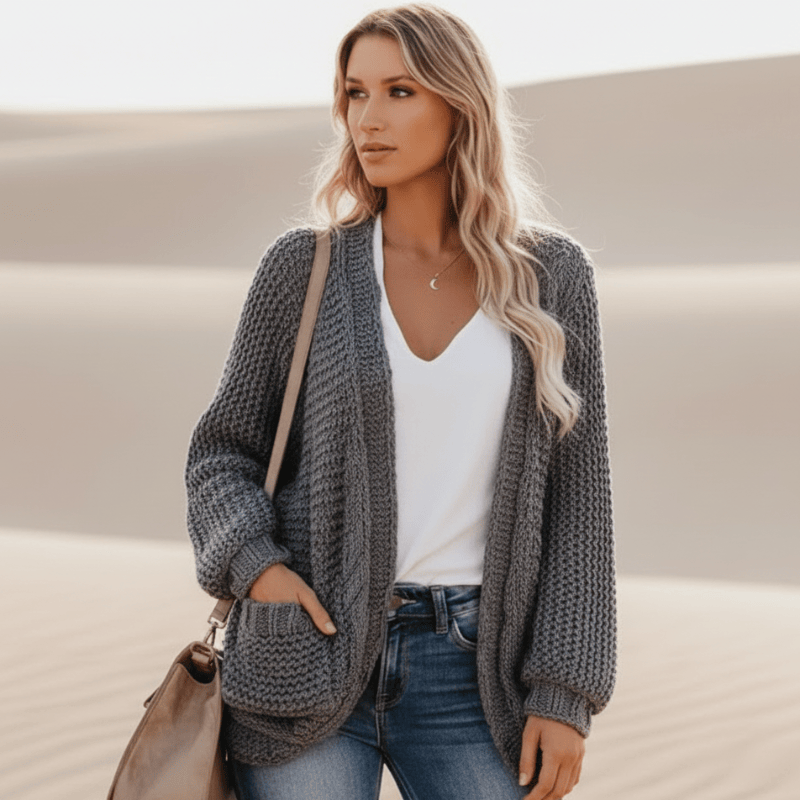 Women's Oversized Open Front Cardigan With Patch Pockets - Dark Gray