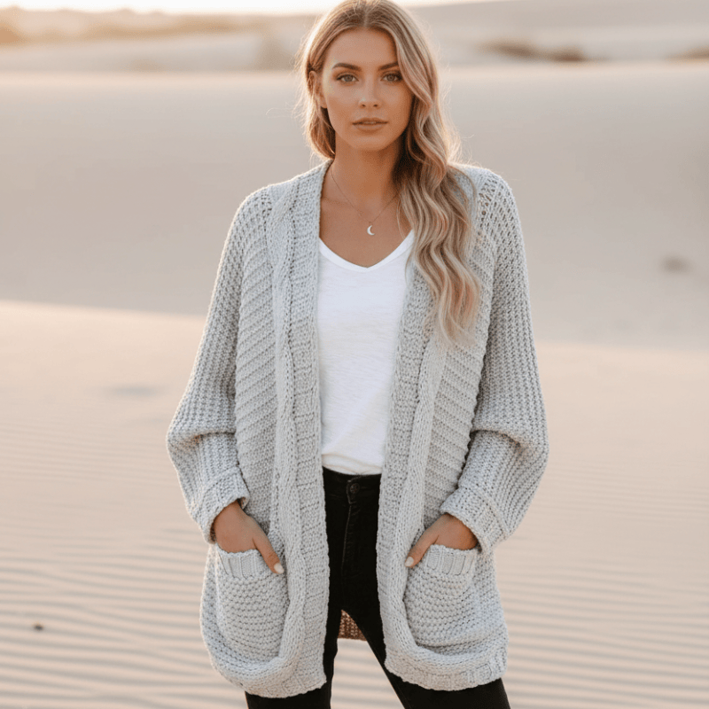 Women's Oversized Open Front Cardigan With Patch Pockets - Light Gray