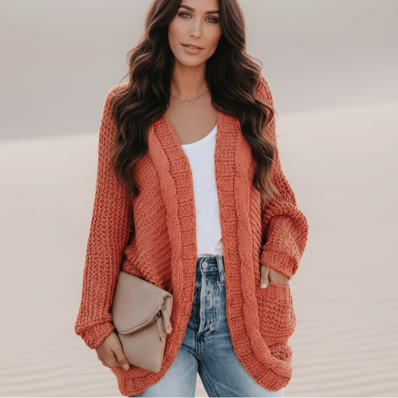 Women's Oversized Open Front Cardigan With Patch Pockets - Orange