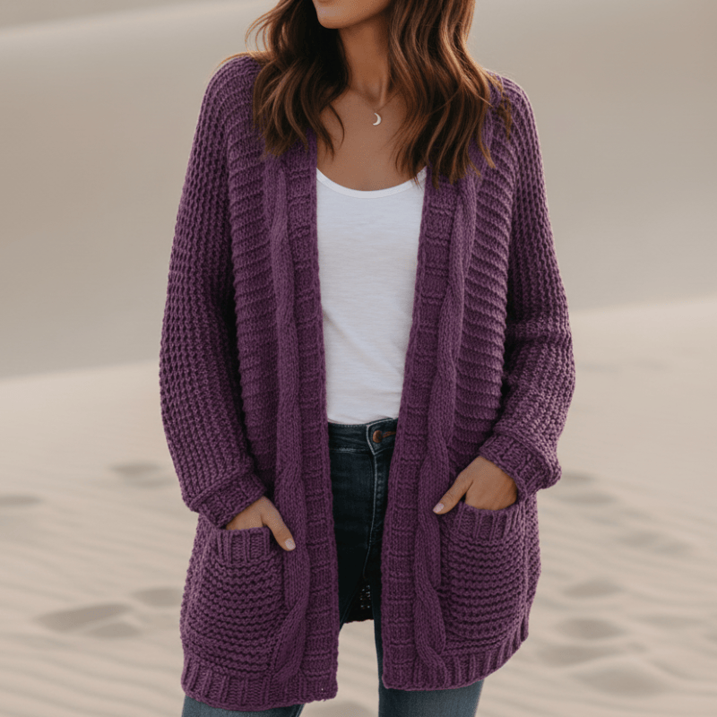 Women's Oversized Open Front Cardigan With Patch Pockets - Purple