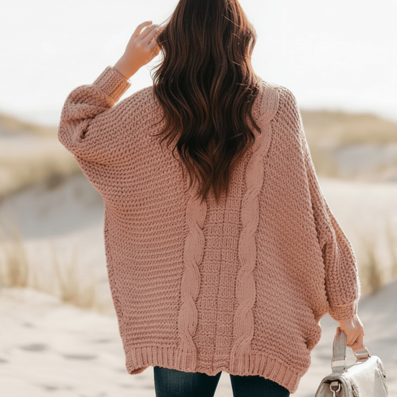 Women's Oversized Open Front Cardigan With Patch Pockets - Dusty Rose