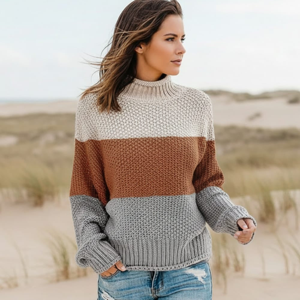 Women's Oversized Striped Knit Sweater With Wide Sleeves - Rust