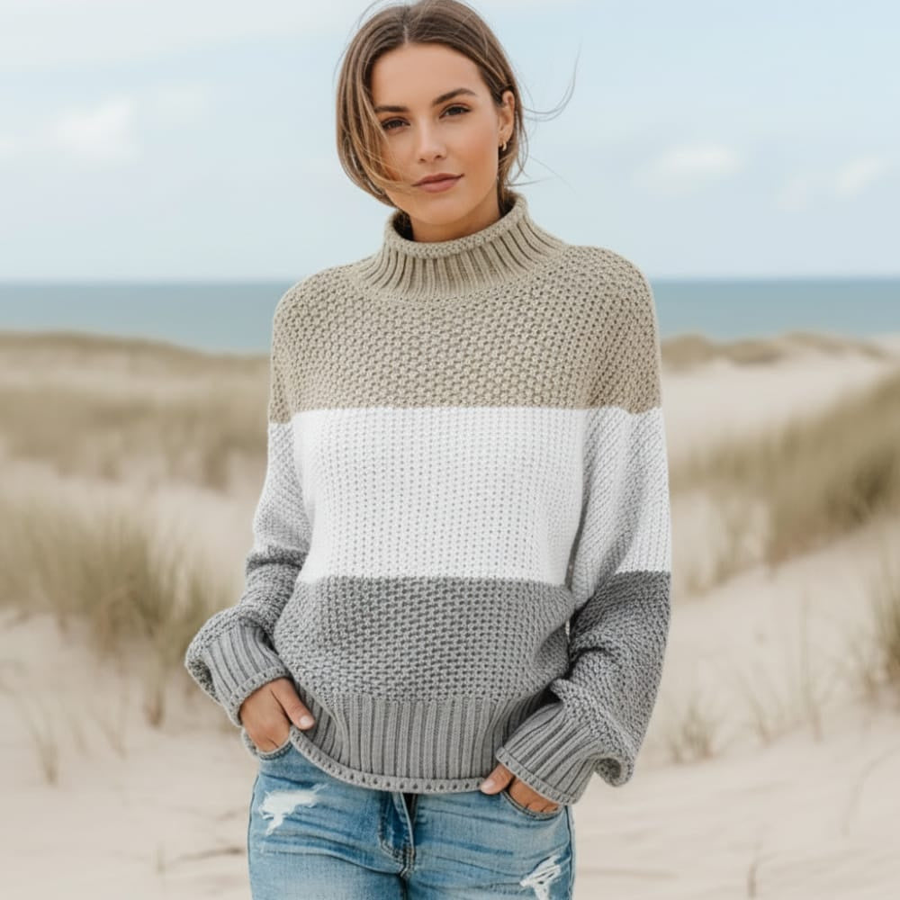 Women's Oversized Striped Knit Sweater With Wide Sleeves - Khaki