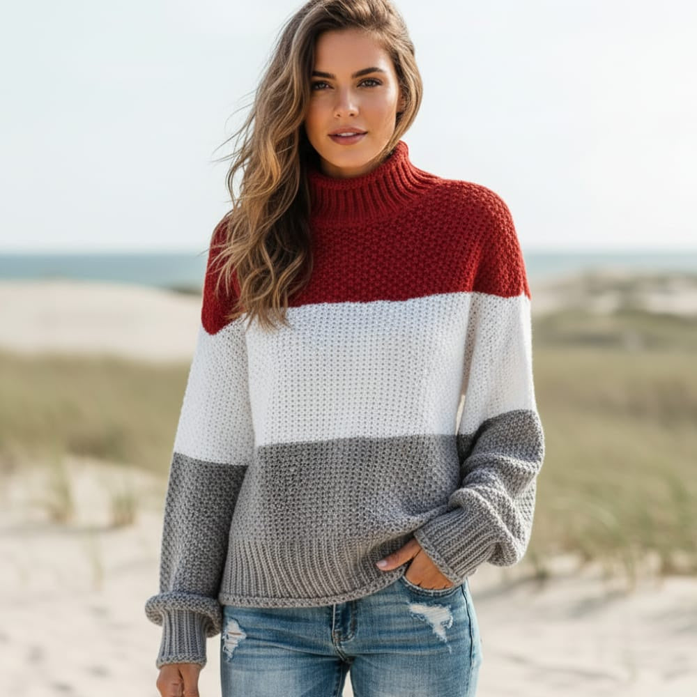 Women's Oversized Striped Knit Sweater With Wide Sleeves - Burgundy