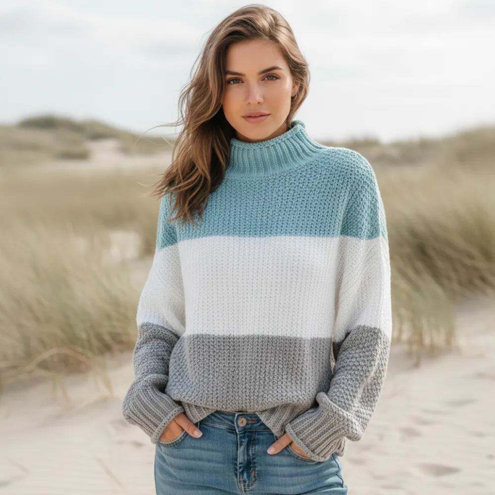 Women's Oversized Striped Knit Sweater With Wide Sleeves - Light Blue