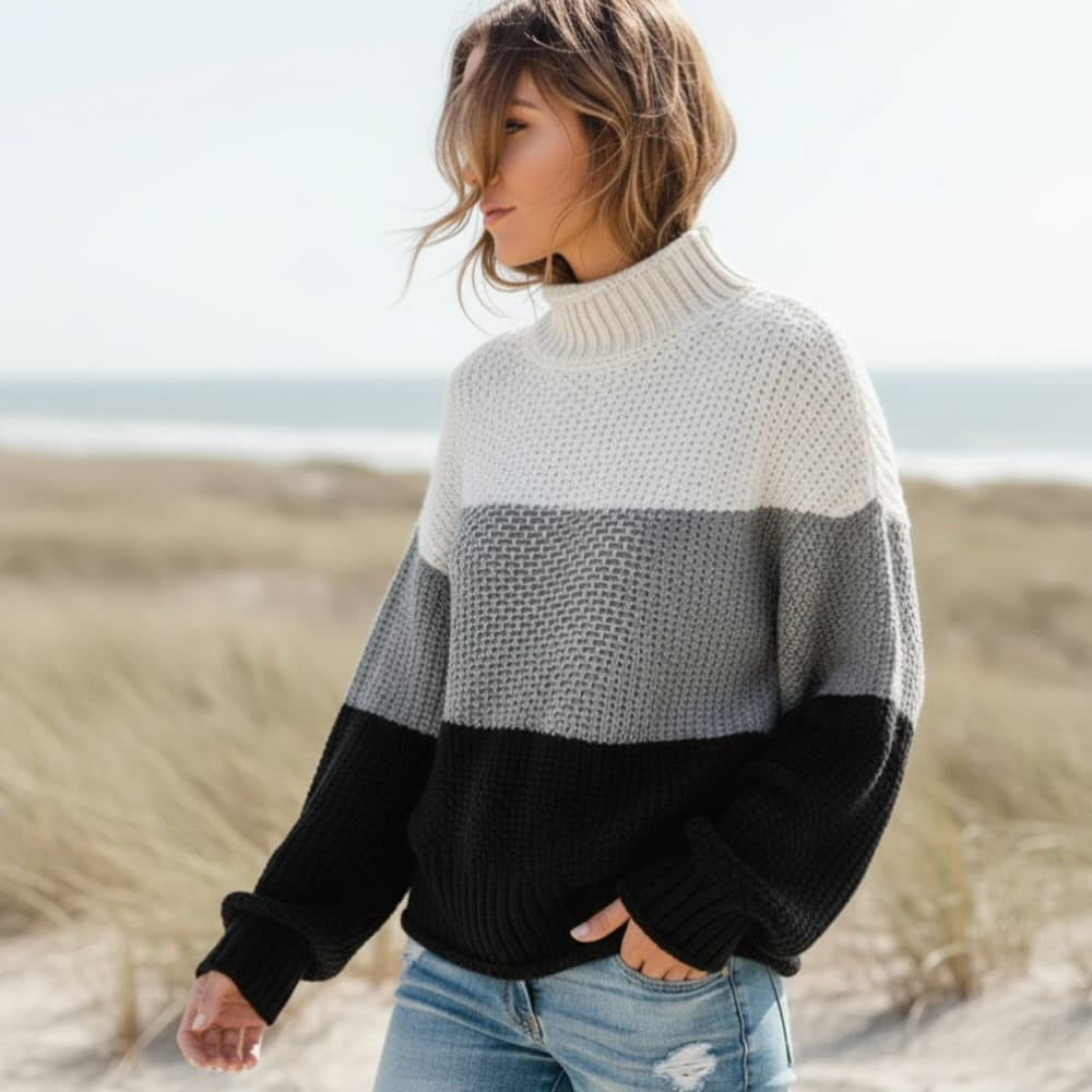Women's Oversized Striped Knit Sweater With Wide Sleeves - Black