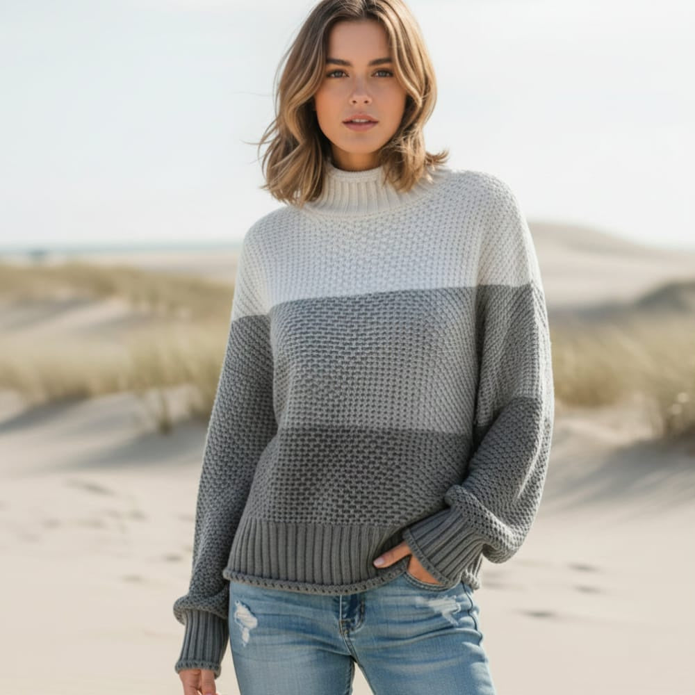 Women's Oversized Striped Knit Sweater With Wide Sleeves - Gray