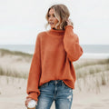 Women's Oversized Sweater With a High Ribbed Neck - Burnt Orange