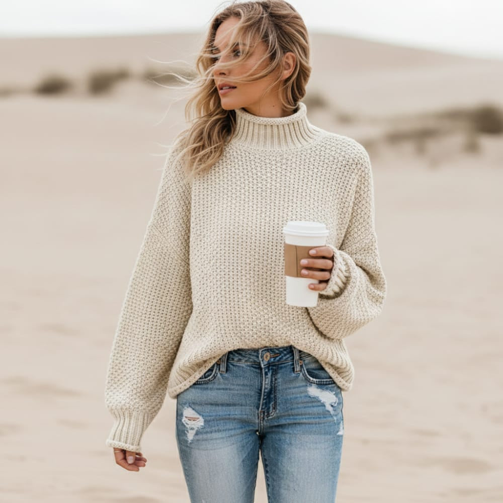 Women's Oversized Sweater With a High Ribbed Neck - Off White