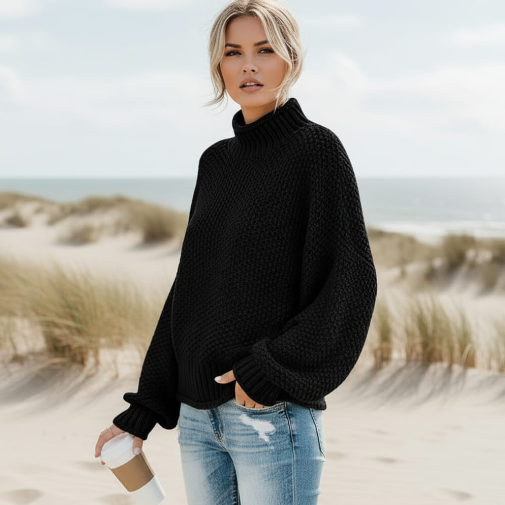 Women's Oversized Sweater With a High Ribbed Neck - Black