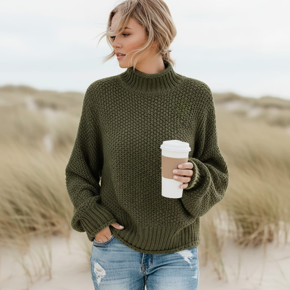 Women's Oversized Sweater With a High Ribbed Neck - Army Green