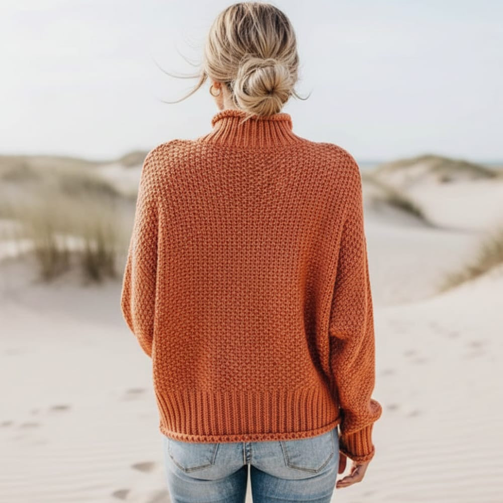 Women's Oversized Sweater With a High Ribbed Neck - Burnt Orange